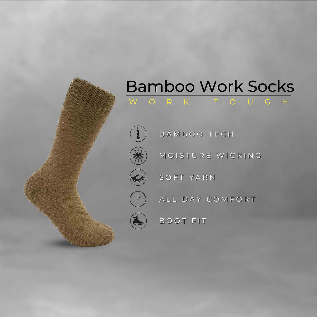 Image of a workwear sock under the brand Work Tough by Fashion Accessory company.  The sock is a khaki coloured sock made out of bamboo, and the image highlights the features of the sock